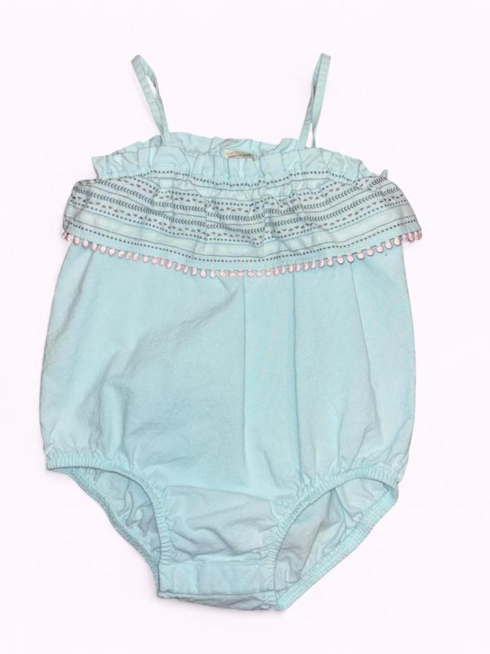 Baby B’Gosh Light Blue Bubble Romper with Pink Pom Trim